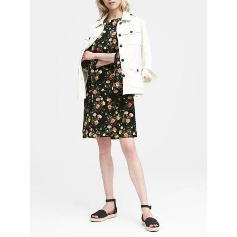 Banana Republic Floral Tie-Sleeve Mini Shift Dress Black Multi Women's Size 4